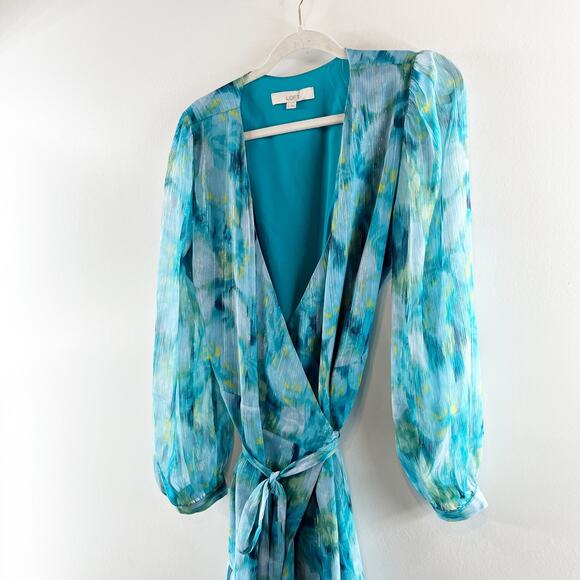 Loft Watercolor Floral Chiffon Puff Long Sleeve Midi Wrap Dress  Blue 10 - Picture 7 of 10